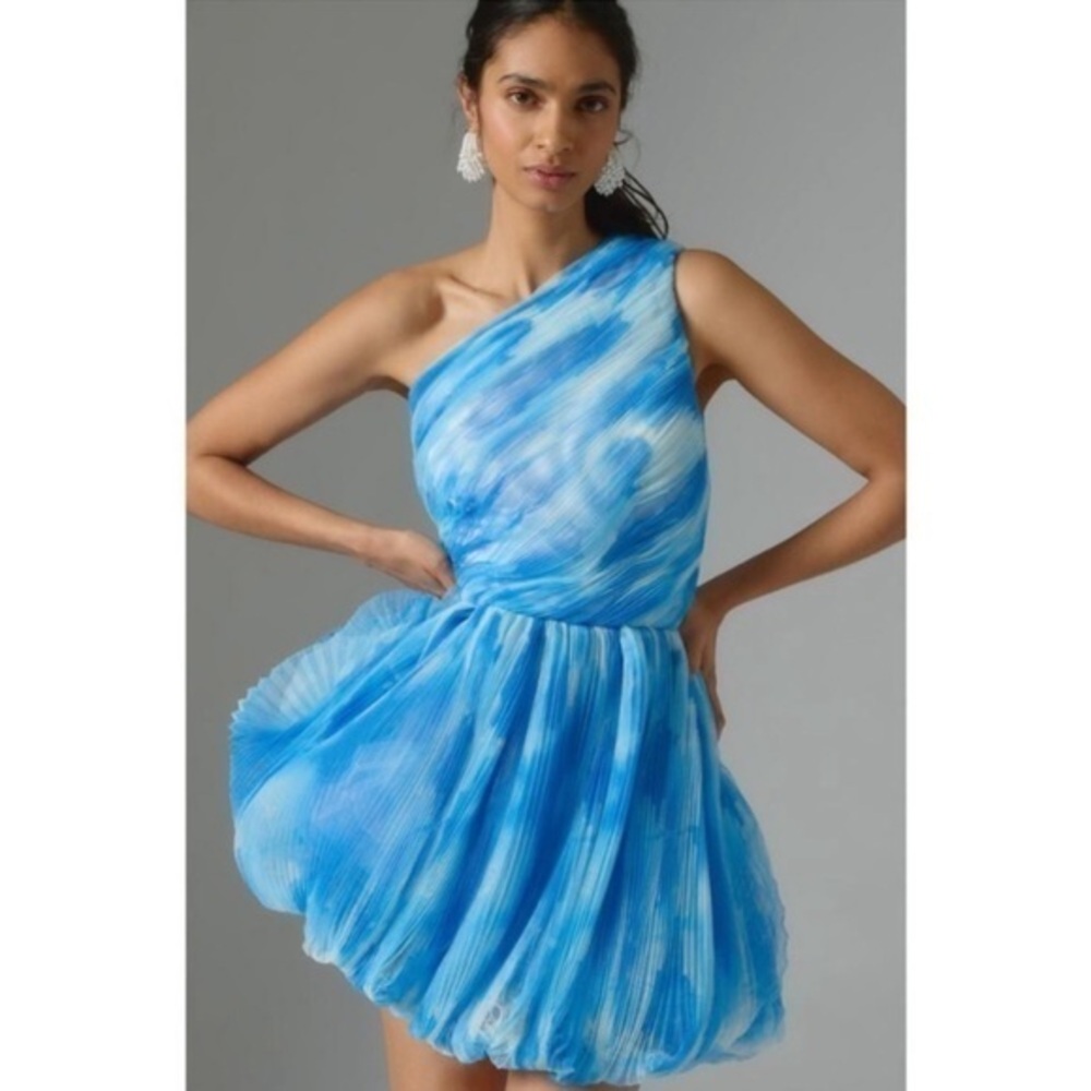 NWT Anthropologie Hutch Dress One-Shoulder Bubble Mini Mesh in Blue